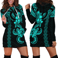 Hawaiian Tribal Hoodie Dress Polynesian Kakau Turtle - Aqua LT9 - Polynesian Pride