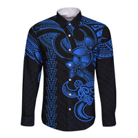 Hawaiian Tribal Long Sleeve Button Shirt Polynesian Kakau Turtle - Blue LT9 Unisex Blue - Polynesian Pride