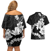 American Samoa Lotu Tamaiti Couples Matching Off Shoulder Short Dress and Hawaiian Shirt White Sunday Plumeria Black Vibe