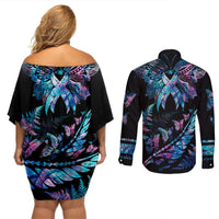 polynesia-ribbon-butterflies-couples-matching-off-shoulder-short-dress-and-long-sleeve-button-shirts-silver-fern-breast-cancer-with-papua-shell-pattern