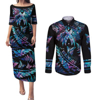 Polynesia Ribbon Butterflies Couples Matching Puletasi Dress and Long Sleeve Button Shirts Silver Fern Breast Cancer With Papua Shell Pattern LT9 Black - Polynesian Pride