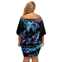 Polynesia Ribbon Butterflies Off Shoulder Short Dress Silver Fern Breast Cancer With Papua Shell Pattern LT9 - Polynesian Pride