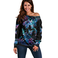 Polynesia Ribbon Butterflies Off Shoulder Sweater Silver Fern Breast Cancer With Papua Shell Pattern LT9 Women Black - Polynesian Pride