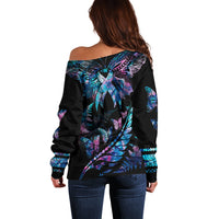 Polynesia Ribbon Butterflies Off Shoulder Sweater Silver Fern Breast Cancer With Papua Shell Pattern LT9 - Polynesian Pride