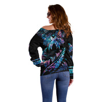 Polynesia Ribbon Butterflies Off Shoulder Sweater Silver Fern Breast Cancer With Papua Shell Pattern LT9 - Polynesian Pride