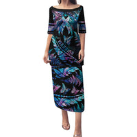 Polynesia Ribbon Butterflies Puletasi Silver Fern Breast Cancer With Papua Shell Pattern LT9 Long Dress Black - Polynesian Pride