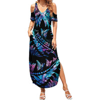 Polynesia Ribbon Butterflies Summer Maxi Dress Silver Fern Breast Cancer With Papua Shell Pattern LT9 Women Black - Polynesian Pride