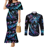 Personalised Polynesia Ribbon Butterflies Couples Matching Mermaid Dress and Long Sleeve Button Shirts Silver Fern Breast Cancer With Papua Shell Pattern LT9 Black - Polynesian Pride