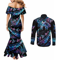 Personalised Polynesia Ribbon Butterflies Couples Matching Mermaid Dress and Long Sleeve Button Shirts Silver Fern Breast Cancer With Papua Shell Pattern LT9 - Polynesian Pride