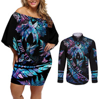 Personalised Polynesia Ribbon Butterflies Couples Matching Off Shoulder Short Dress and Long Sleeve Button Shirts Silver Fern Breast Cancer With Papua Shell Pattern LT9 Black - Polynesian Pride