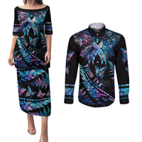 Personalised Polynesia Ribbon Butterflies Couples Matching Puletasi Dress and Long Sleeve Button Shirts Silver Fern Breast Cancer With Papua Shell Pattern LT9 Black - Polynesian Pride
