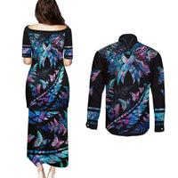 Personalised Polynesia Ribbon Butterflies Couples Matching Puletasi Dress and Long Sleeve Button Shirts Silver Fern Breast Cancer With Papua Shell Pattern LT9 - Polynesian Pride