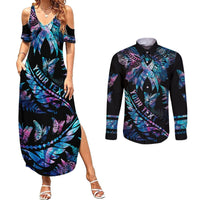 Personalised Polynesia Ribbon Butterflies Couples Matching Summer Maxi Dress and Long Sleeve Button Shirts Silver Fern Breast Cancer With Papua Shell Pattern LT9 Black - Polynesian Pride