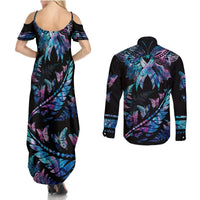 Personalised Polynesia Ribbon Butterflies Couples Matching Summer Maxi Dress and Long Sleeve Button Shirts Silver Fern Breast Cancer With Papua Shell Pattern LT9 - Polynesian Pride