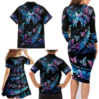 personalised-polynesia-ribbon-butterflies-family-matching-long-sleeve-bodycon-dress-and-hawaiian-shirt-silver-fern-breast-cancer-with-papua-shell-pattern