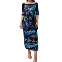 Personalised Polynesia Ribbon Butterflies Puletasi Silver Fern Breast Cancer With Papua Shell Pattern LT9 Long Dress Black - Polynesian Pride