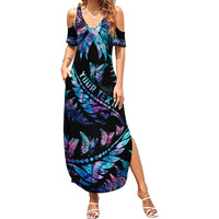 Personalised Polynesia Ribbon Butterflies Summer Maxi Dress Silver Fern Breast Cancer With Papua Shell Pattern LT9 Women Black - Polynesian Pride