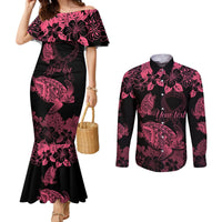 Personalised Polynesian Turtle Ribbon Couples Matching Mermaid Dress and Long Sleeve Button Shirts Think Pink Breast Cancer With Pacific Hibiscus LT9 Pink - Polynesian Pride