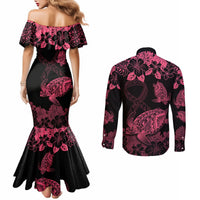 Personalised Polynesian Turtle Ribbon Couples Matching Mermaid Dress and Long Sleeve Button Shirts Think Pink Breast Cancer With Pacific Hibiscus LT9 - Polynesian Pride