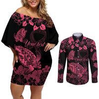Personalised Polynesian Turtle Ribbon Couples Matching Off Shoulder Short Dress and Long Sleeve Button Shirts Think Pink Breast Cancer With Pacific Hibiscus LT9 Pink - Polynesian Pride