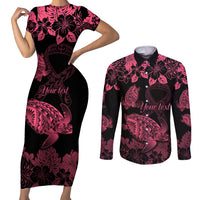 personalised-polynesian-turtle-ribbon-couples-matching-short-sleeve-bodycon-dress-and-long-sleeve-button-shirts-think-pink-breast-cancer-with-pacific-hibiscus