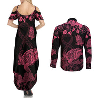 Personalised Polynesian Turtle Ribbon Couples Matching Summer Maxi Dress and Long Sleeve Button Shirts Think Pink Breast Cancer With Pacific Hibiscus LT9 - Polynesian Pride