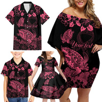 personalised-polynesian-turtle-ribbon-family-matching-off-shoulder-short-dress-and-hawaiian-shirt-think-pink-breast-cancer-with-pacific-hibiscus
