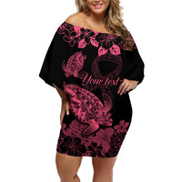 Personalised Polynesian Turtle Ribbon Off Shoulder Short Dress Think Pink Breast Cancer With Pacific Hibiscus LT9 Women Pink - Polynesian Pride