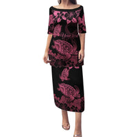 Personalised Polynesian Turtle Ribbon Puletasi Think Pink Breast Cancer With Pacific Hibiscus LT9 Long Dress Pink - Polynesian Pride