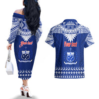 Personalised Toa Samoa Christmas Couples Matching Off The Shoulder Long Sleeve Dress and Hawaiian Shirt Samoa Siva Tau Manuia Le Kerisimasi Blue Vibe LT9 - Polynesian Pride