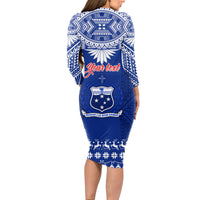Personalised Toa Samoa Christmas Long Sleeve Bodycon Dress Samoa Siva Tau Manuia Le Kerisimasi Blue Vibe LT9 - Polynesian Pride