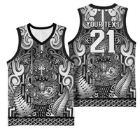 Custom New Zealand Taiaha Maori Basketball Jersey Kiwikiwi Minimalist Silver Fern Tukutuku Motif