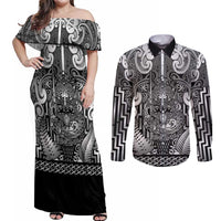 Custom New Zealand Taiaha Maori Couples Matching Off Shoulder Maxi Dress and Long Sleeve Button Shirt Kiwikiwi Minimalist Silver Fern Tukutuku Motif
