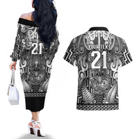Custom New Zealand Taiaha Maori Couples Matching Off The Shoulder Long Sleeve Dress and Hawaiian Shirt Kiwikiwi Minimalist Silver Fern Tukutuku Motif