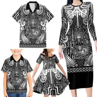 Custom New Zealand Taiaha Maori Family Matching Long Sleeve Bodycon Dress and Hawaiian Shirt Kiwikiwi Minimalist Silver Fern Tukutuku Motif LT9 - Polynesian Pride