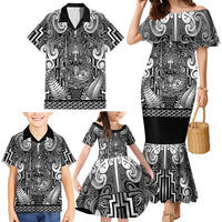 Custom New Zealand Taiaha Maori Family Matching Mermaid Dress and Hawaiian Shirt Kiwikiwi Minimalist Silver Fern Tukutuku Motif