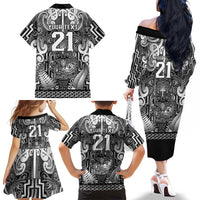 Custom New Zealand Taiaha Maori Family Matching Off The Shoulder Long Sleeve Dress and Hawaiian Shirt Kiwikiwi Minimalist Silver Fern Tukutuku Motif LT9 - Polynesian Pride