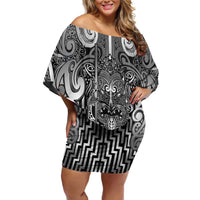 Custom New Zealand Taiaha Maori Family Matching Off Shoulder Short Dress and Hawaiian Shirt Kiwikiwi Minimalist Silver Fern Tukutuku Motif