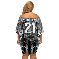 Custom New Zealand Taiaha Maori Family Matching Off Shoulder Short Dress and Hawaiian Shirt Kiwikiwi Minimalist Silver Fern Tukutuku Motif