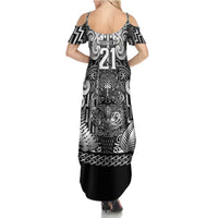 Custom New Zealand Taiaha Maori Family Matching Summer Maxi Dress and Hawaiian Shirt Kiwikiwi Minimalist Silver Fern Tukutuku Motif