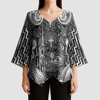 Custom New Zealand Taiaha Maori Kimono Sleeve Blouse Kiwikiwi Minimalist Silver Fern Tukutuku Motif