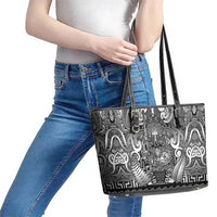 New Zealand Taiaha Maori Leather Tote Bag Kiwikiwi Minimalist Silver Fern Tukutuku Motif