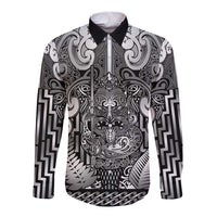 Custom New Zealand Taiaha Maori Long Sleeve Button Shirt Kiwikiwi Minimalist Silver Fern Tukutuku Motif