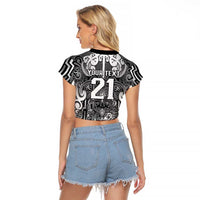 Custom New Zealand Taiaha Maori Raglan Cropped T Shirt Kiwikiwi Minimalist Silver Fern Tukutuku Motif