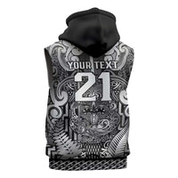 Custom New Zealand Taiaha Maori Sleeveless Hoodie Kiwikiwi Minimalist Silver Fern Tukutuku Motif