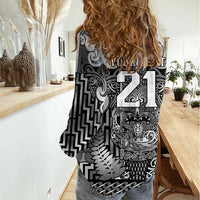 Custom New Zealand Taiaha Maori Women Casual Shirt Kiwikiwi Minimalist Silver Fern Tukutuku Motif