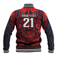 Custom New Zealand Taiaha Maori Baseball Jacket Whero Minimalist Silver Fern Tukutuku Motif LT9 - Polynesian Pride