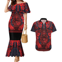 Custom New Zealand Taiaha Maori Couples Matching Mermaid Dress and Hawaiian Shirt Whero Minimalist Silver Fern Tukutuku Motif