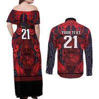 Custom New Zealand Taiaha Maori Couples Matching Off Shoulder Maxi Dress and Long Sleeve Button Shirt Whero Minimalist Silver Fern Tukutuku Motif