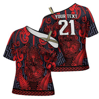 Custom New Zealand Taiaha Maori Cross Shoulder Shirt Whero Minimalist Silver Fern Tukutuku Motif